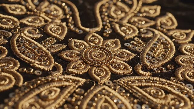Closeup of intricate golden embroidery with floral and paisley patterns, detailed beadwork and sequins, rich texture, warm lighting