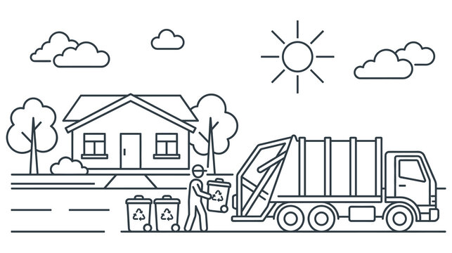 Garbage truck collecting trash bins outside house for recycling service.