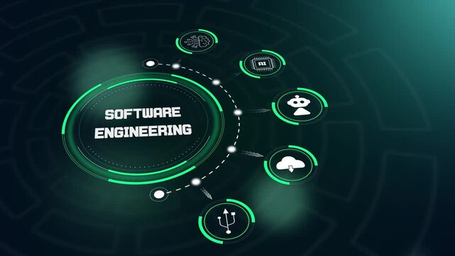 Software engineering concept highlighting complex coding and application development through a futuristic digital workspace