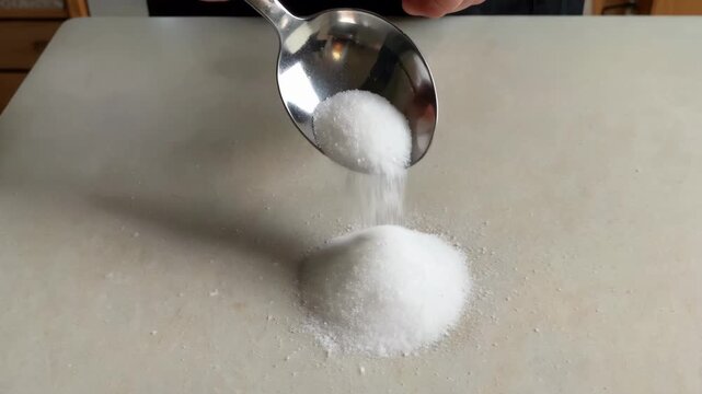 Spoon sugar and sprinkle tabletop material. Close-up of spoon pouring salt