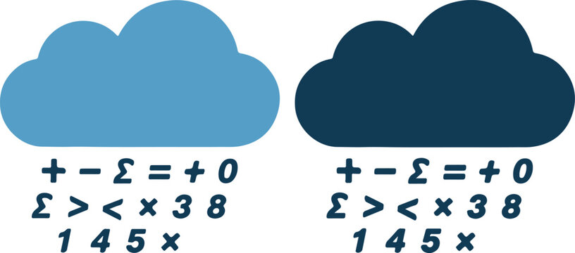 Mathematical equations on blue clouds with plus minus equal signs