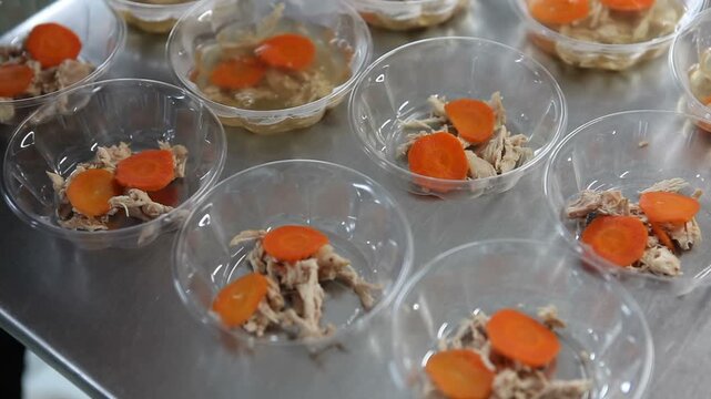 A woman pours meat broth over meat. A cook prepares jellied meat. Aspic.