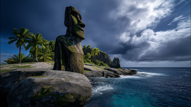 AI generator images of statues are large stone sculptures carved into the shores of Easter Island, a UNESCO World Heritage Site home to nearly 1,000 Moai statues and ceremonial stone platforms called 