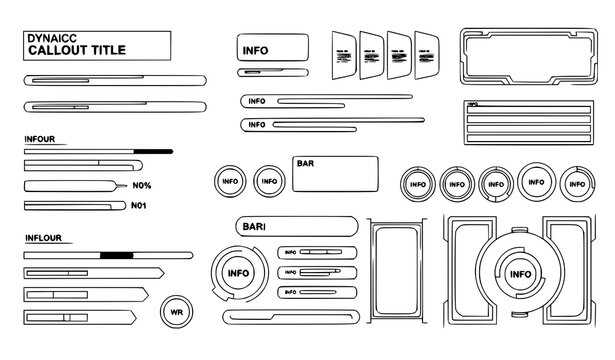Abstract sci fi UI UX HUD interface templates with callout boxes and data bars black and white futuristic vector set
