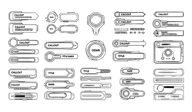 Futuristic HUD UI UX interface elements set black and white sci fi callout frames and data boxes 3D vector templates