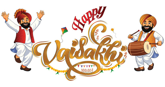 Happy Vaisakhi festival greeting with Punjabi man dancing bhangra and playing dhol vector illustration