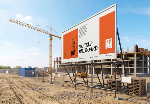 Building Construction Site Billboard Mockup. Development Business Advertising Display Template. Right Angle Of View