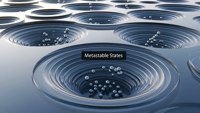 Metastable states concept with balls in circular wells  science and physics illustration