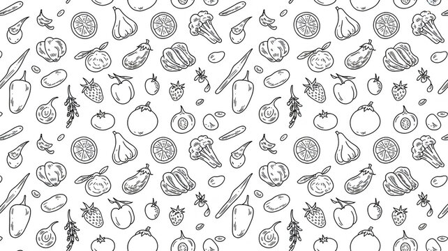 A black and white line art illustration of various food items and kitchen utensils on a surface