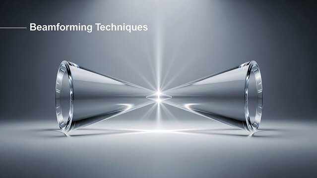 Beamforming techniques with two shiny metal cones facing each other on a gray surface with a light beam in between  technology concept