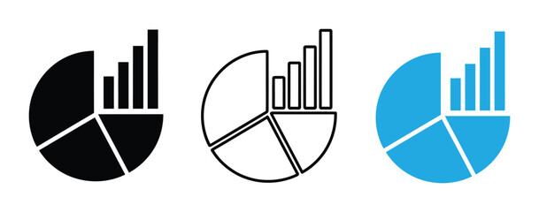 Obraz premium Pie chart and bar graph icons. Pie chart and bar graph icons in black, line art, and blue on white background for business and statistics Vector illustration