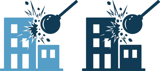 Vector illustration of buildings being demolished with a wrecking ball © PrimeVisuals