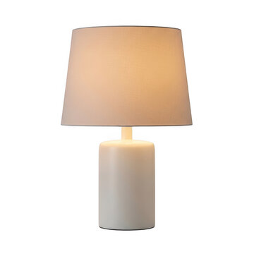 Elegant white table lamp with cylindrical base and beige linen shade isolated on transparent background