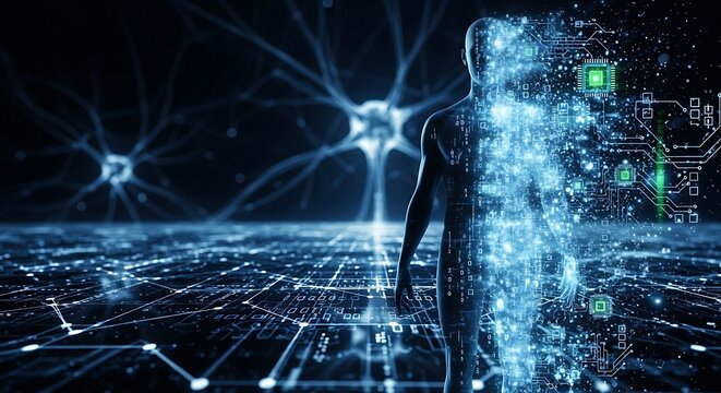 Digital human form dissolving into circuits and data streams