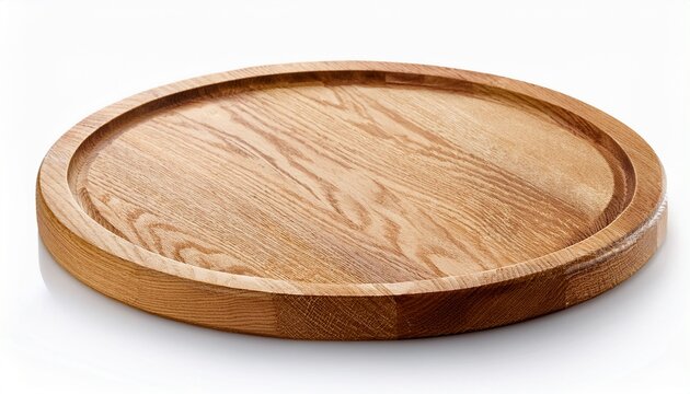 round wooden pizza board or tray isolated on white background