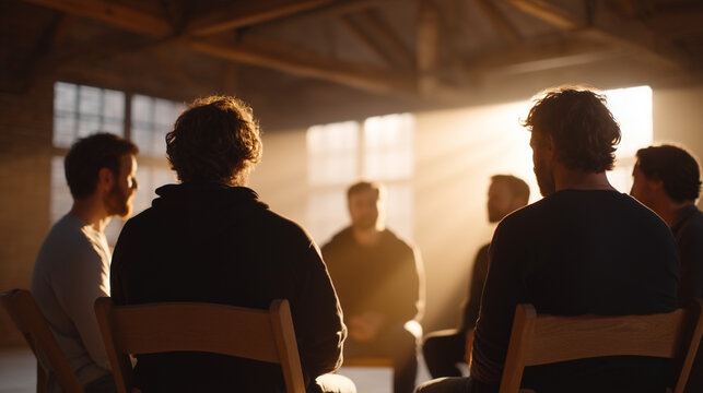 Christian grief support group meeting in church basement, empty chair memorial for loved ones lost, participants sharing stories in circle, spring light through high windows, perfect for bereavement