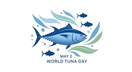 Illustration celebrating world tuna day with a prominent tuna fish and smaller fish