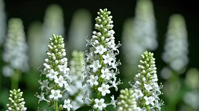 Delicate white flowers blooming in soft focus, nature background, serene atmosphere, perfect for spring and summer themes
