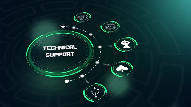 Advanced technical support concept highlighting automated assistance and software troubleshooting on a futuristic digital screen