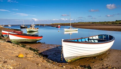 Fototapeta premium Scenic coastal scene featuring several colorful boats moored in calm water. A sunny day casts golden light on the boats and shoreline