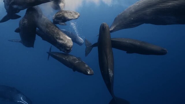 Sperm Whales Swimming and Socializing Near Ocean Surface