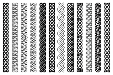 braid celtic knot border seamless pattern set for vintage frame tattoo bracelet and viking engraving, braided line ornament rope divider for scottish textile vector isolated brushes set. © Raymond L. Berry