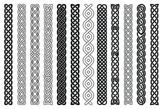 braid celtic knot border seamless pattern set for vintage frame tattoo bracelet and viking engraving, braided line ornament rope divider for scottish textile vector isolated brushes set.
