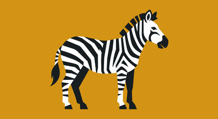Fototapeta premium A minimalist flat vector illustration of a zebra standing still. Designed using bold, clean geometric shapes and a limited color palette of charcoal black, crisp white, and a solid mustard yellow back