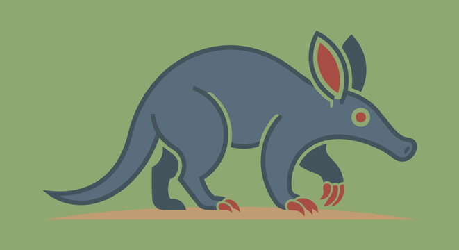 A minimalist flat vector illustration of an aardvark in profile, designed using bold geometric curves and clean lines. A limited color palette of slate grey, terracotta, and muted tan.