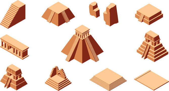 Isometric ancient pyramid collection, Mayan temple structures, archaeological ruins set, historical architecture, stone monuments, cultural heritage, minimal 3D illustration design
