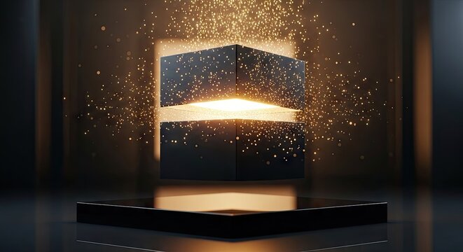 Mysterious dark cube levitates above a pedestal emitting brilliant golden light and sparkling particles