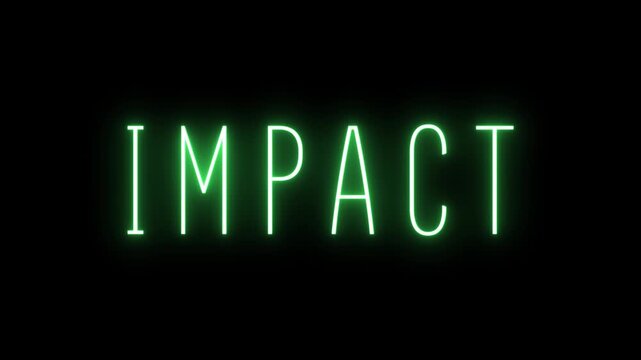 Neon green glowing word IMPACT displayed in a thin sans-serif font against a stark black background with subtle light bloom effect