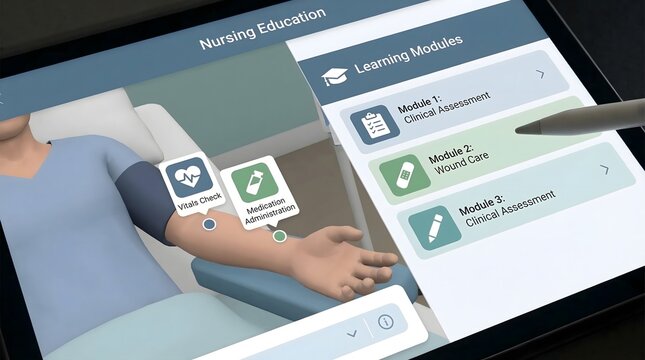 A tablet displaying a nursing education program with interactive learning modules