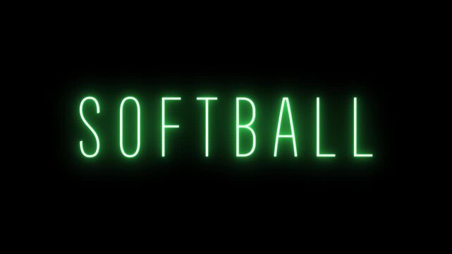 The word SOFTBAL illuminated with a neon green glow in a simple sans-serif font set against a solid black background with a soft light diffusion effect