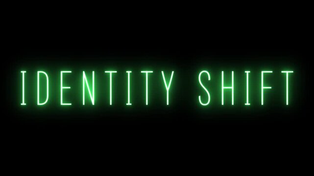 Vivid Green Neon Text Displaying the Phrase IDENTITYSHIFT Illuminated Against a Stark Black Background with a Soft Radiant Aura