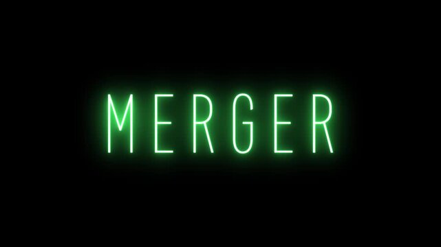 Green neon glowing text spelling out the word MERGER in uppercase letters against a solid black background, suggesting business consolidation or corporate strategy