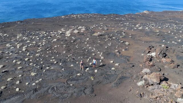 Aerial View Hiking Couple Volcanic Coast Southernmost Point Spain El Hierro Canary Islands La Restinga Adventure Travel