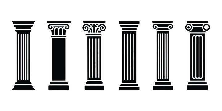 set of ancient pillar or column icons, classic roman and greek architecture flat silhouette columns representing law justice marble sculpture symbols for infographic web design isolated transparent ba