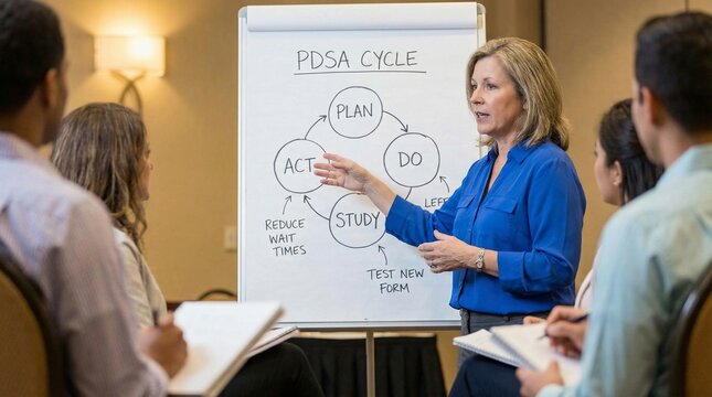 A woman explaining the PDSA cycle to a group of people in a meeting room