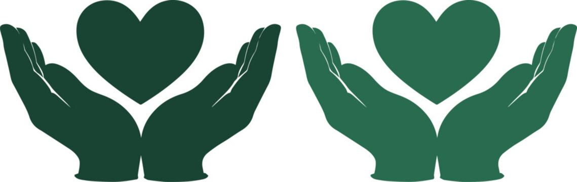 Manos sosteniendo coraz&oacute;n verde, ilustraci&oacute;n de cuidado ambiental y salud, iconos vectoriales de ecolog&iacute;a y caridad