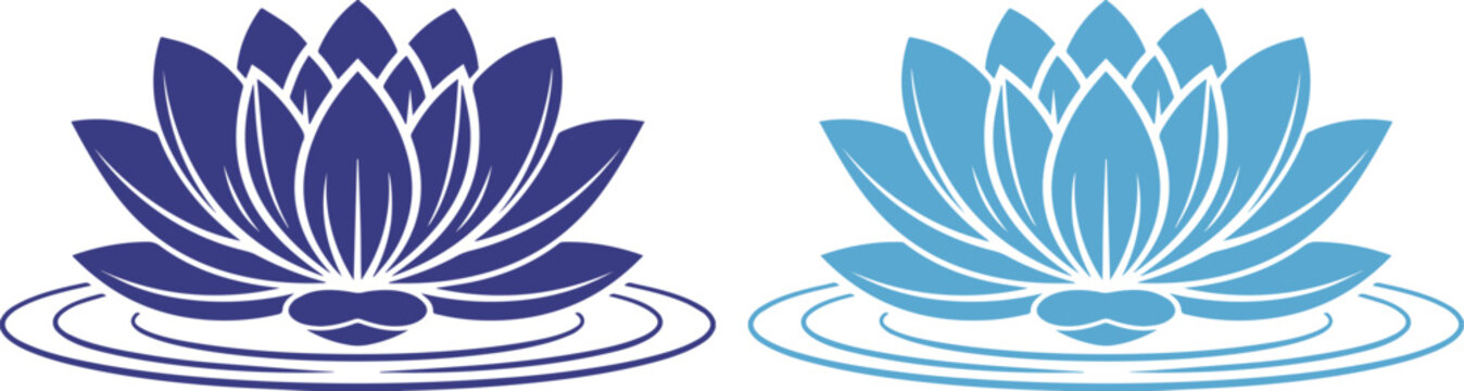 Flor de loto minimalista en tonos azules, ilustraci&oacute;n vectorial de nen&uacute;far zen, iconos de flores acu&aacute;ticas para spa y bienestar