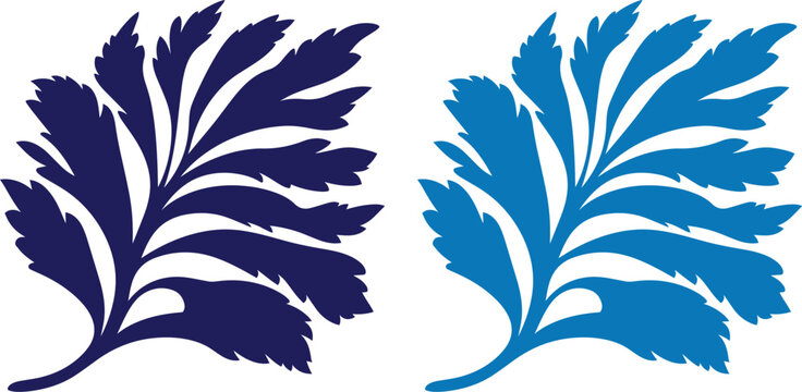 Siluetas de hojas de helecho en azul marino y celeste, gr&aacute;ficos vectoriales de follaje bot&aacute;nico, elementos decorativos de plantas