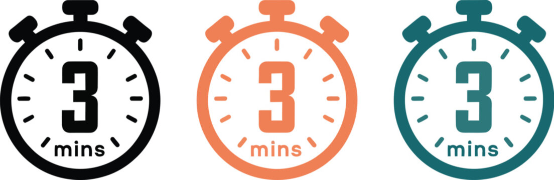 Three minutes countdown timer icon set featuring digital stopwatches in black orange and teal colors for quick timing and productivity tracking.