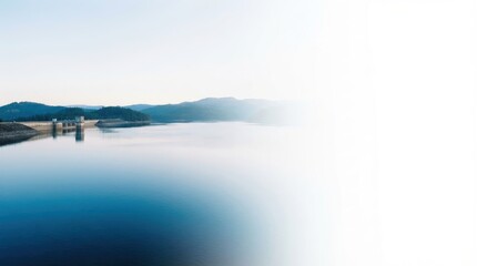 Fototapeta premium Reflective lake with a concrete dam structure nestled between forested hills under a clear sky Right side fades to white