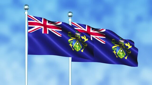 Pitcairn Islands National Flag Waving on Flagpole, Seamless Loop, Realistic 3D Animation