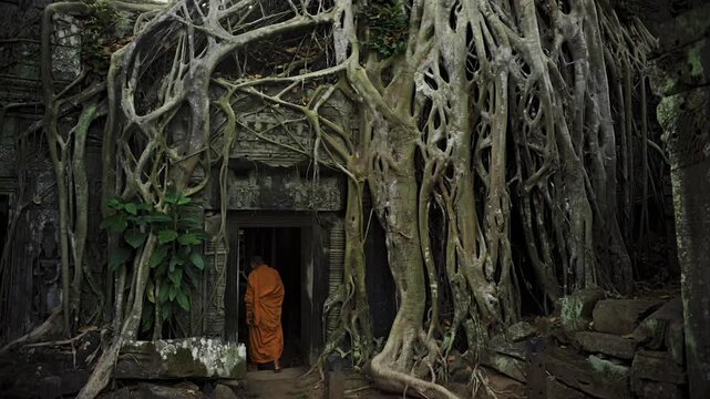 Young Buddhist monk in an orange robe walking inside an ancient temple ruin with giant tree roots