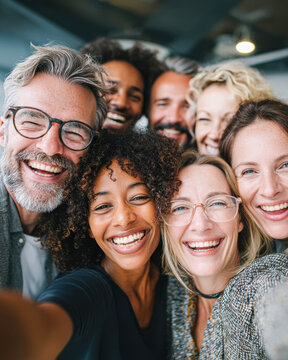 A diverse group of smiling people taking a cheerful selfie together, showing happiness, friendship, and unity.