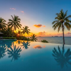 Fototapeta premium Tropical infinity pool overlooks ocean during vibrant evening sunset with palm tree reflections