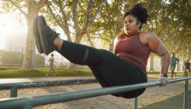 Strong plus-size woman performing an advanced L-sit calisthenics move on parallel bars in an outdoor park, showcasing inclusive fitness and intense determination