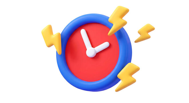 3D clock icon with lightning bolt alert for urgent deadline reminder